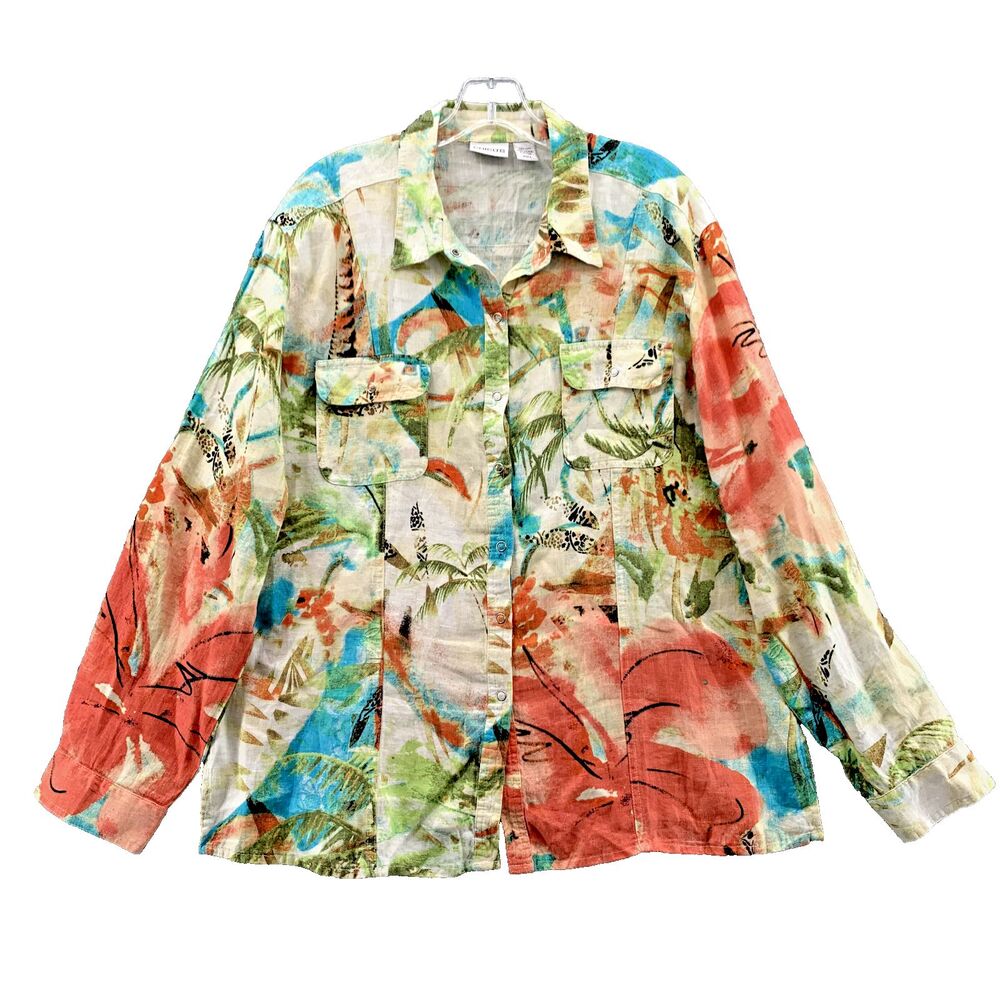 Chicos Linen Shirt Women's 3 Floral Y2k Grandma Boho Chic‎ Tropical 90's Coastal